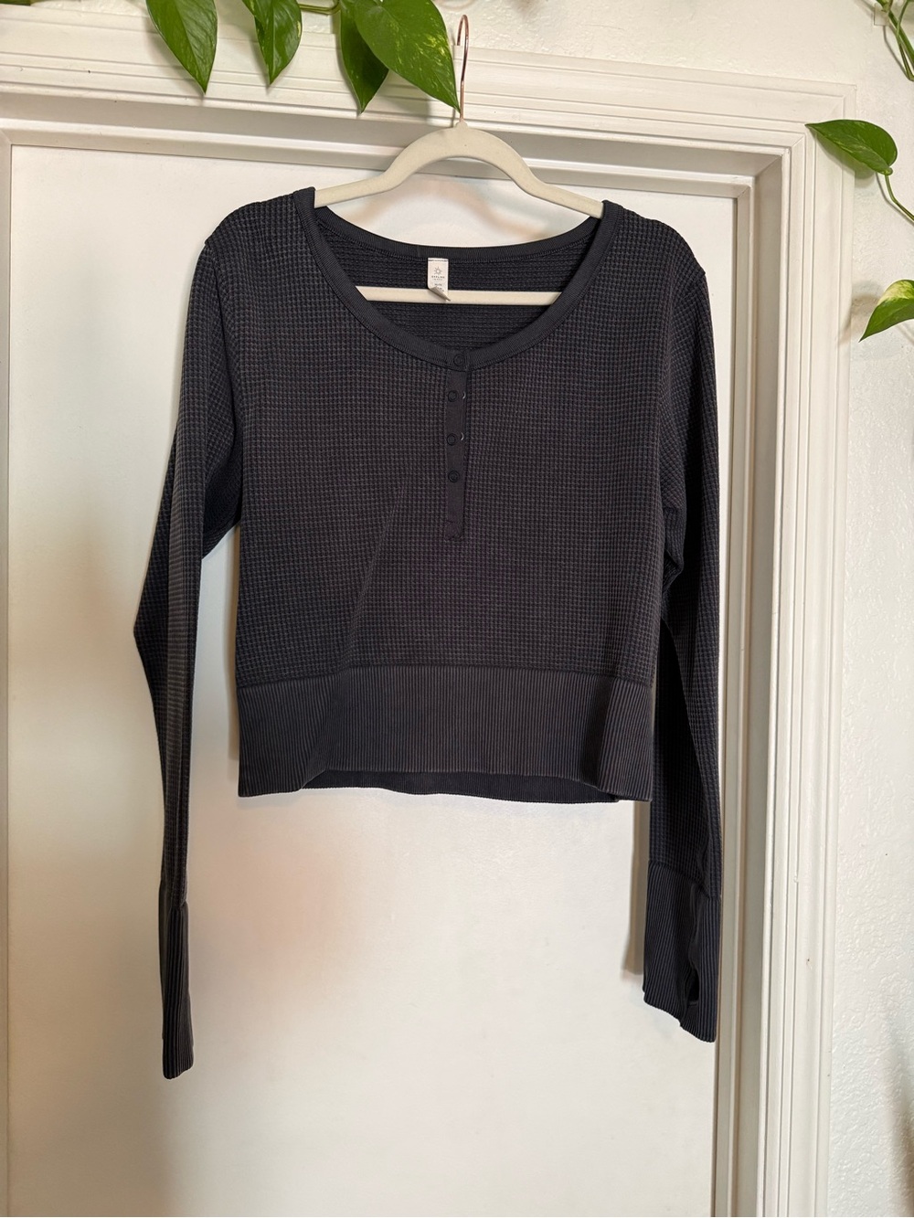 American Eagle Outfitters Black Waffle Henley Long Sleeve Top